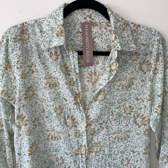 Plum Pretty Sugar Teal and Gold Floral Button Down Dress Coverup Boyfriend Shirt - Picture 2 of 5
